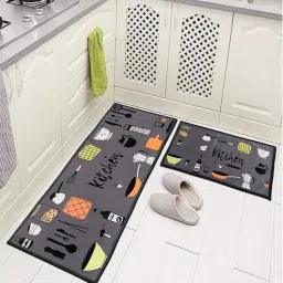 aazeem Grey Kitchen Theme Polyester Antiskid Machine Made Floor Runner and Door Mat Combo-picture-19