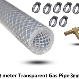 Transparent LPG Gas Pipe 5 meter & 7pc Clamps with 3way Brass Connector Pipe size 8mm for Home, Restaurants & etc Hose Pipe-picture-19