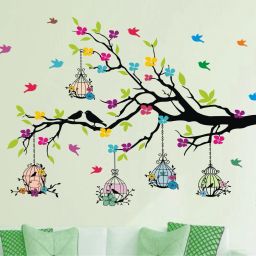 127 cm Natural Tree - Colorful Birds - Birdcage (Ideal Size - Large ) Self Adhesive Sticker-image-55