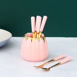 Luxury Pink Fruit Fork and Spoon Set Ceramic, Stainless Steel Cutlery Set-14