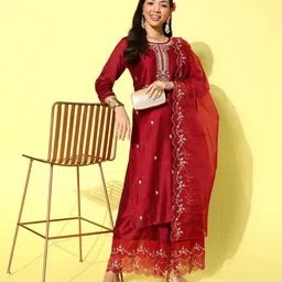 SheWill Floral Embroidered Regular Sequinned Kurta with Palazzos & With Dupatta image 1
