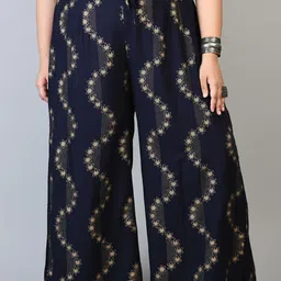 PrettyPlus by Desinoor.com Women Plus Size Navy Blue & Gold-Toned Floral Printed Palazzos-image-58
