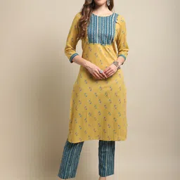 Cantabil Floral Printed Zari Sequined Pure Cotton Kurta with Trousers-picture-42