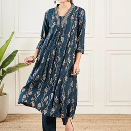 KALINI Floral Printed V Neck Regular Thread Work A-Line Kurta With Palazzos-16
