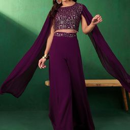 Sangria Floral Embroidered Sequined Crop Top With Palazzo-32