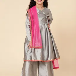 A T U N Girls Silver-Toned Angrakha Kurti with Salwar & With Dupatta-44