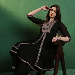 Sangria Embroidered A-Line Silk Kurta With Palazzo Set-22