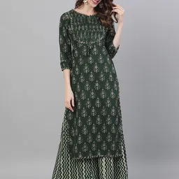 Ishin Women Olive Green  Beige Printed Tuck Detailed Kurta  Palazzos-picture-15