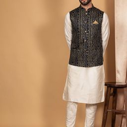 KISAH Men Navy Blue & Golden Ethnic Motifs Kurta Set With Jacket-picture-48