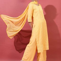 Vishudh Women Mustard Yellow Floral Embroidered Kurta with Palazzos & With Dupatta-50