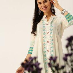 SHOWOFF Women White & Green Ethnic Motifs Printed Kurta with Palazzos-picture-6