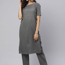 Idalia Women Grey High Slit Pure Cotton Kurta with Trousers-image-71