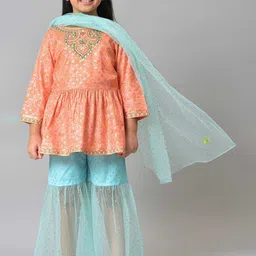 AURELIA Girls Peach-Coloured & Blue Embellished Top with Palazzos-image-100