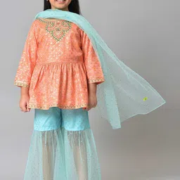 AURELIA Girls Peach-Coloured & Blue Embellished Top with Sharara and Dupatta set-image-12