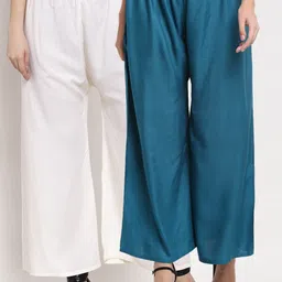 Miaz Lifestyle Women Blue & Off White 2 Flared Knitted Ethnic Palazzos-image-56