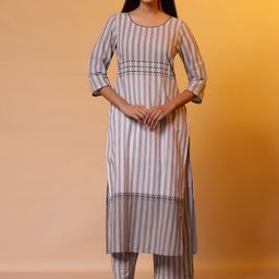 AURELIA Striped Regular Pure Cotton Round Neck Straight Kurta with Palazzos-image-43