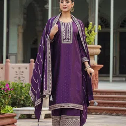 AHIKA Ethnic Motifs Embroidered Zari Sequinned Kurta with Palazzos & Dupatta-11
