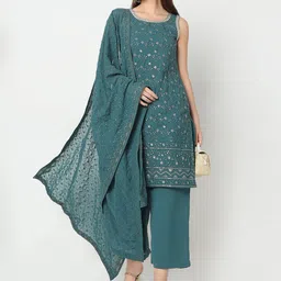 Ethnicity Floral Embroidered V-Neck Sequinned Work Straight Kurta With Palazzo & Dupatta-53