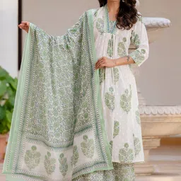 KALINI Floral Printed Pleated Pure Cotton A-Line Kurta with Trousers & Dupatta-30