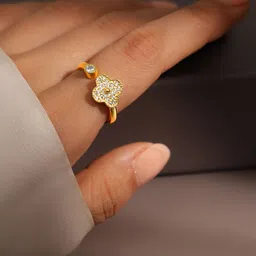 Rubans 18K Gold Plated Cubic Zirconia Studded Openable Clover Design Adjustable Ring-87
