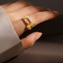 Rubans 18K Gold Plated Adjustable Finger Ring with Textured Dual Beads & CZ Accents-image-17