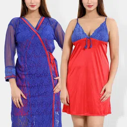 Be You Floral Lace Shoulder Straps Satin Nightdress With Robe-image-81