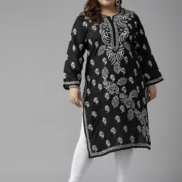 ADA Women Plus Size Black Floral Embroidered Chikankari Kurta-image-46