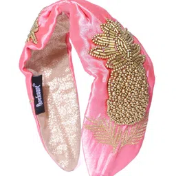 Anekaant Women Pink & Gold-Toned Tropical Pattern Beaded & Embroidered Satin Hairband-image-13