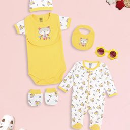 MeeMee Infants Yellow & White Printed 5-Piece Pure Cotton Baby Apparel Gift Set-46