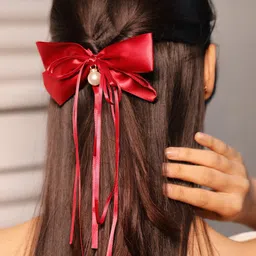 Rubans Women Satin Bow Hair Clip With Pearl Drop & Flowing Ribbon Tails-58