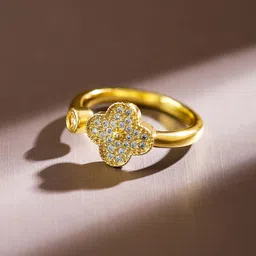 Rubans 18K Gold Plated Cubic Zirconia Studded Openable Clover Design Adjustable Ring image 3