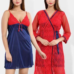 Be You Floral Lace Shoulder Straps Satin Nightdress With Robe-image-20