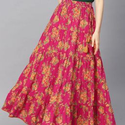 Women Floral Print Flared Pink Skirt-image-36