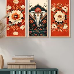 WALLLANE Red & Off White 3 Pieces Birds and Animals Traditional Printed Wooden Wall Art-1