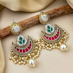 Zeviel Gold-Plated Kundan Chanbali Stud Earrings with Pearls Drop & Red-Green Accents-picture-16