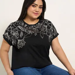 Honey Curvytude by PantaloonsWomen Black Color Floral Print Extended Sleeves Cotton Top-image-77