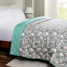 MASPAR Green & White Floral Printed 115 GSM AC Room Cotton Single Bed Quilt-image-12
