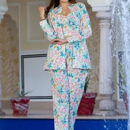 KALINI Printed V-Neck Pure Cotton Top With Jacket & Trouser-picture-18