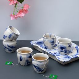 Unravel India Shades of Earth Blue 6 Pieces Printed Ceramic Matte Kulladhs 110 ml Each-5