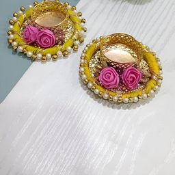 Sellplus 2Pcs Pink & Yellow Textured T-Light Candle Holders-image-67
