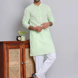 Jompers Men Floral Embroidered Regular Chikankari Pure Cotton Kurta with Pyjamas-picture-28