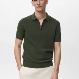 MANGO MAN Open Weave Zip-Up Regular Fit Pure Cotton Polo Collar T-shirt-image-55