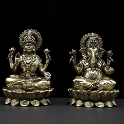 Exotic India 4" Small Superfine Pair of Ganesha Lakshmi Seated on Lotus - Brass Statues-image-74