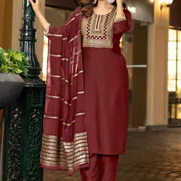 DRESOUL Ethnic Motifs Embroidered Sequinned Straight Kurta With Trousers & Dupatta-picture-18