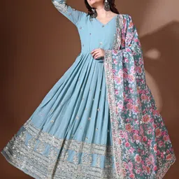KALINI Floral Embroidered Georgette Anarkali Ethnic Dress With Dupatta-image-53