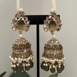 Crown Fabulous Jewellery Gold-Plated Stones Studded & Beaded Dome Shaped Jhumkas-6