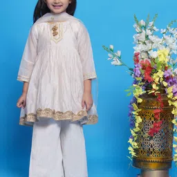 Little Bansi Girls Woven Design Chanderi Cotton A-Line Kurta With Palazzos & Dupatta-image-35