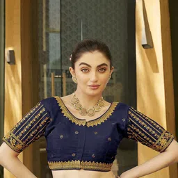 HERE&NOW Embroidered Silk Round Neck Readymade Saree Blouse-picture-36