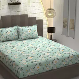 AaHo Decor Green & White Floral 300 TC Double King Fitted Bedsheet with 2 Pillow Covers-image-52