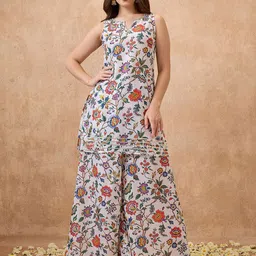 Globus Round Neck Floral Print Lace Insert Tunic with Palazzos Festive Co-Ord Set-53
